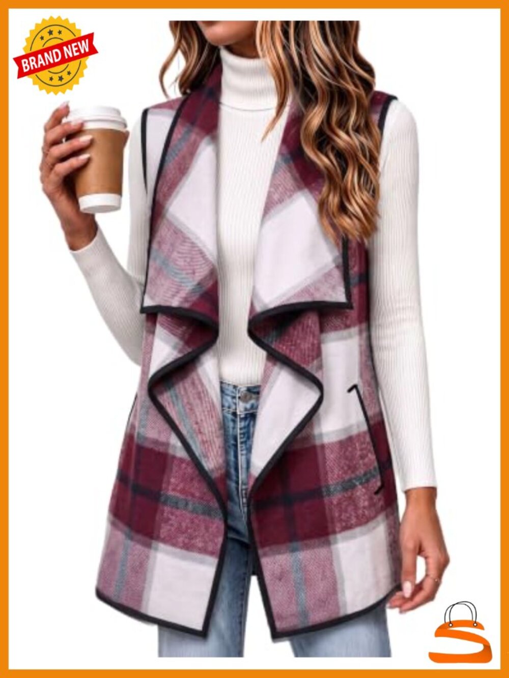 Women's Plaid Flannel Sleeveless Vest Long Open Front Coat Pockets